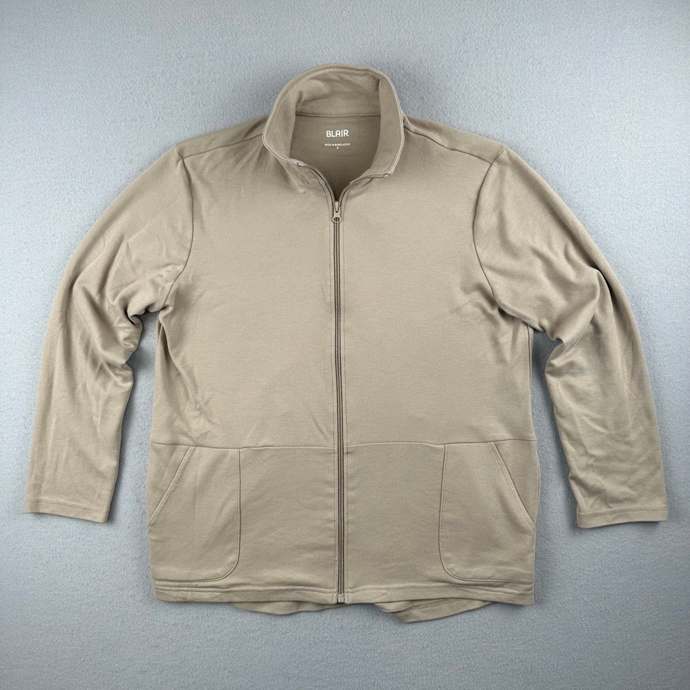 Blair Full Zip Sweatshirt Mens Medium Tan Mock Neck Cotton Blend Pockets B11450